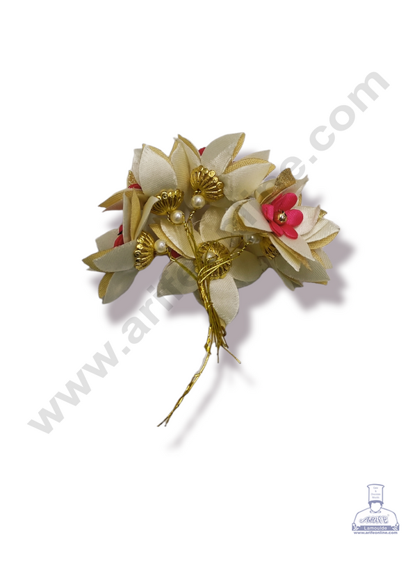 Cake Decor™ Medium Star Flower Artificial Flower For Cake Decoration – Pink White & Golden Petal ( 1 Bunch )
