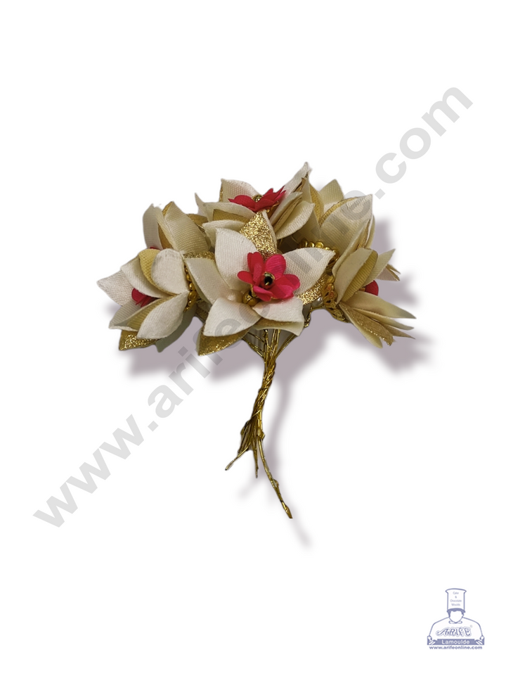 Cake Decor™ Medium Star Flower Artificial Flower For Cake Decoration – Pink White & Golden Petal ( 1 Bunch )