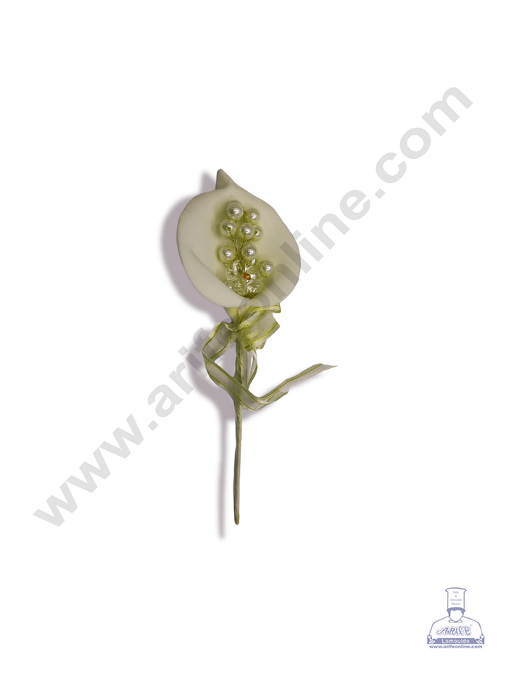 Cake Decor™ 1 Stick With Pearl And Ribbon Artificial Flower For Cake Decoration – Light Gold