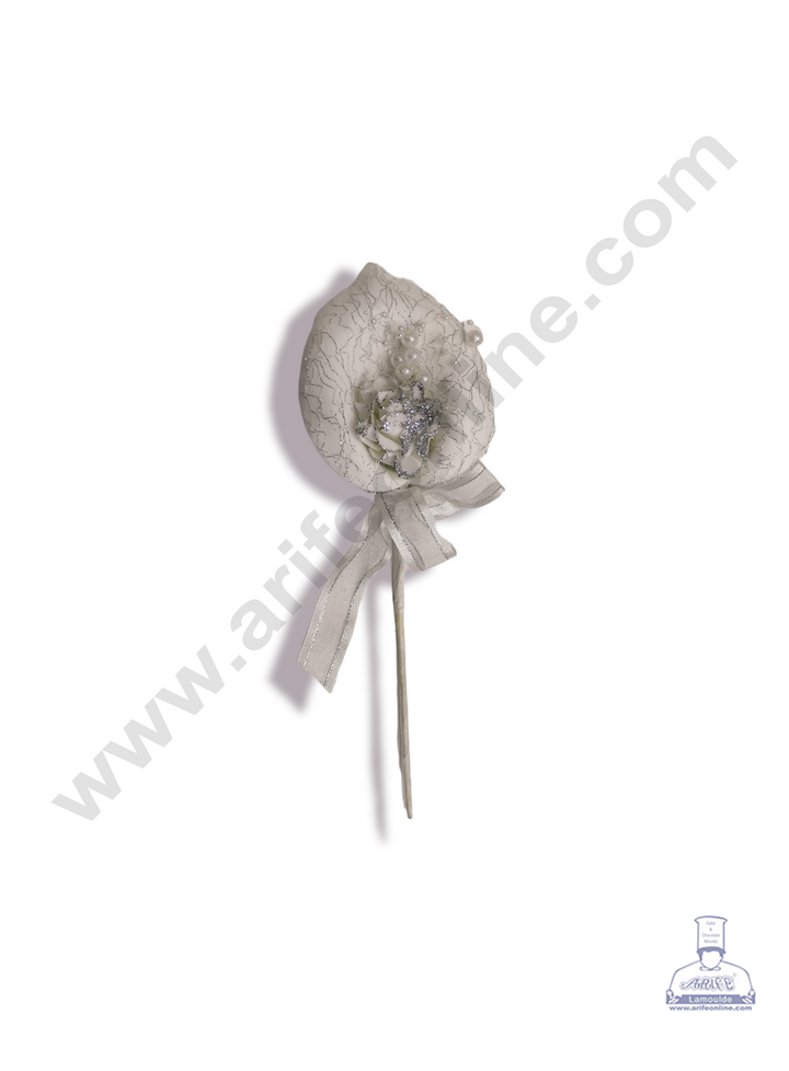 Cake Decor™ 1 Stick Foam With Glitter And Ribbon Artificial Flower For Cake Decoration – White