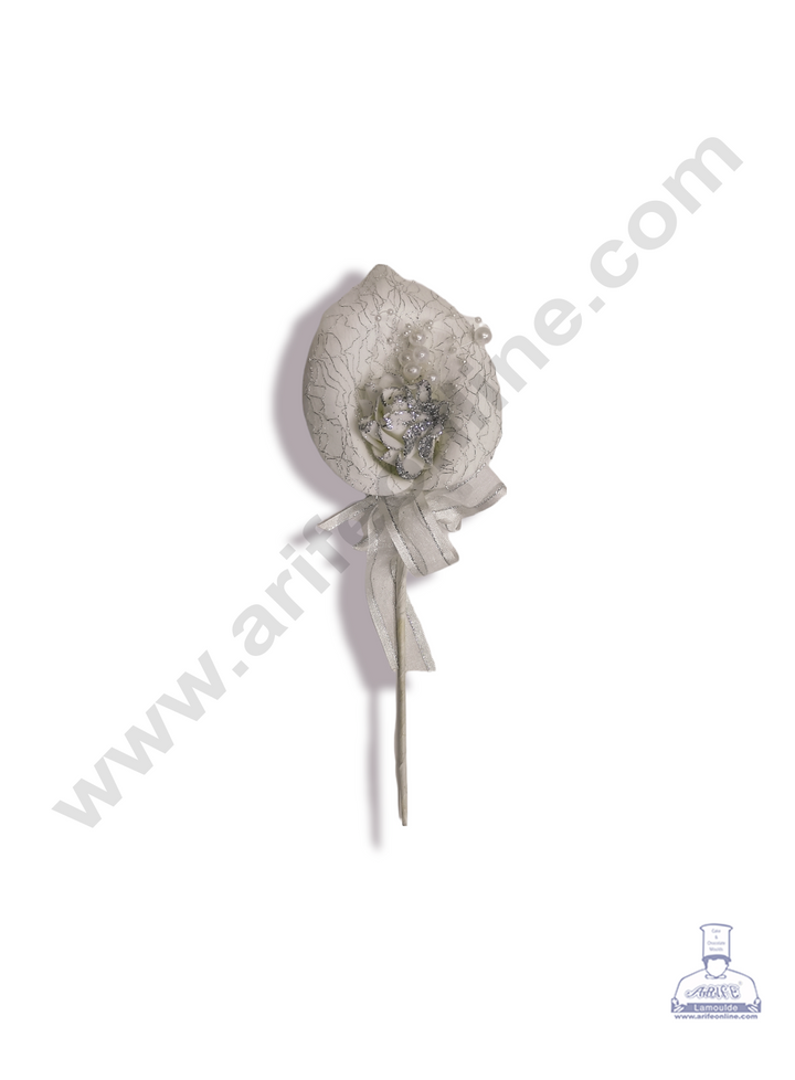 Cake Decor™ 1 Stick Foam With Glitter And Ribbon Artificial Flower For Cake Decoration – White
