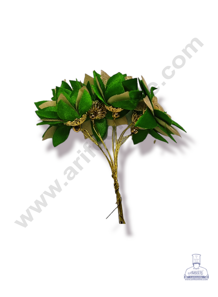 Cake Decor™ Medium Star Flower Artificial Flower For Cake Decoration – Leaf Green & Golden Petal ( 1 Bunch )