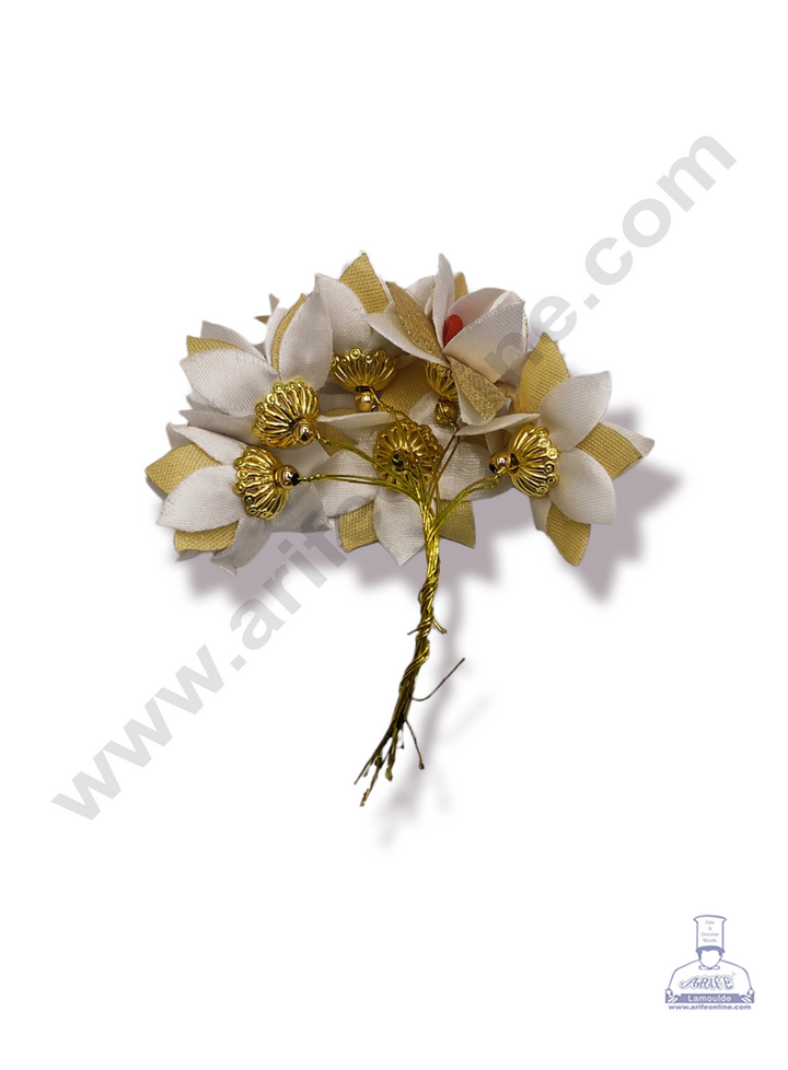 Cake Decor™ Medium Star Flower Artificial Flower For Cake Decoration – Pink White & Golden Petal ( 1 Bunch )