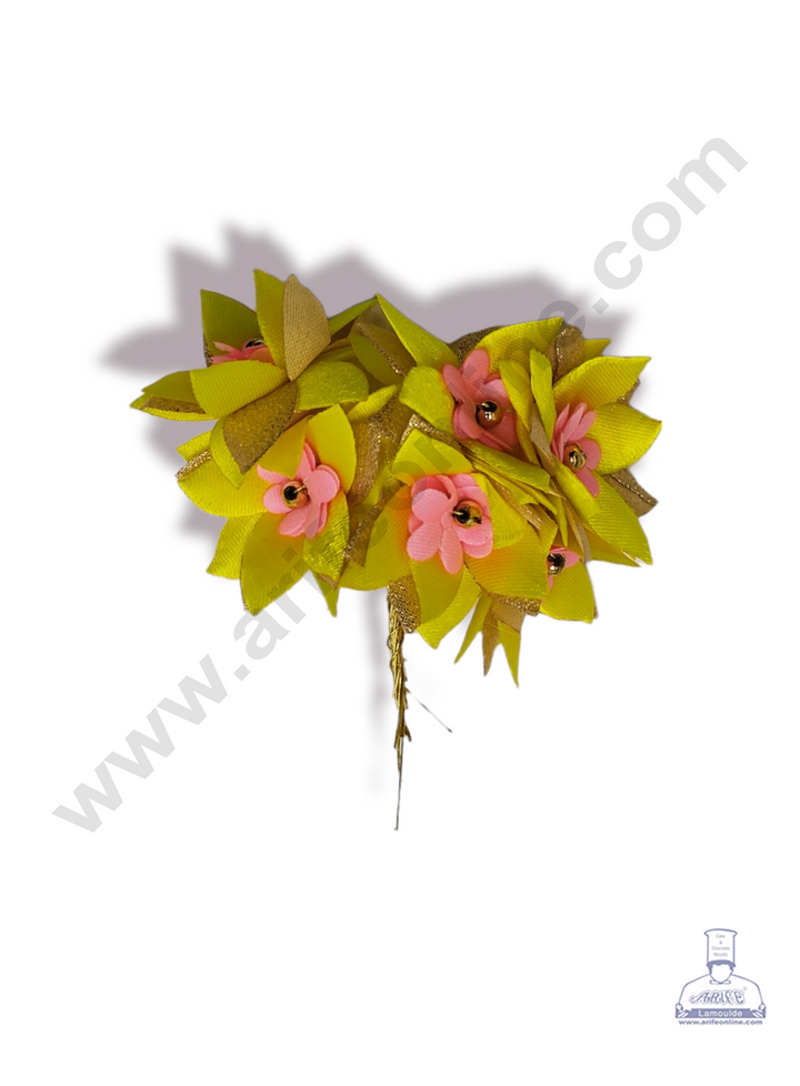 Cake Decor™ Medium Star Flower Artificial Flower For Cake Decoration – Pink Yellow & Golden Petal ( 1 Bunch )