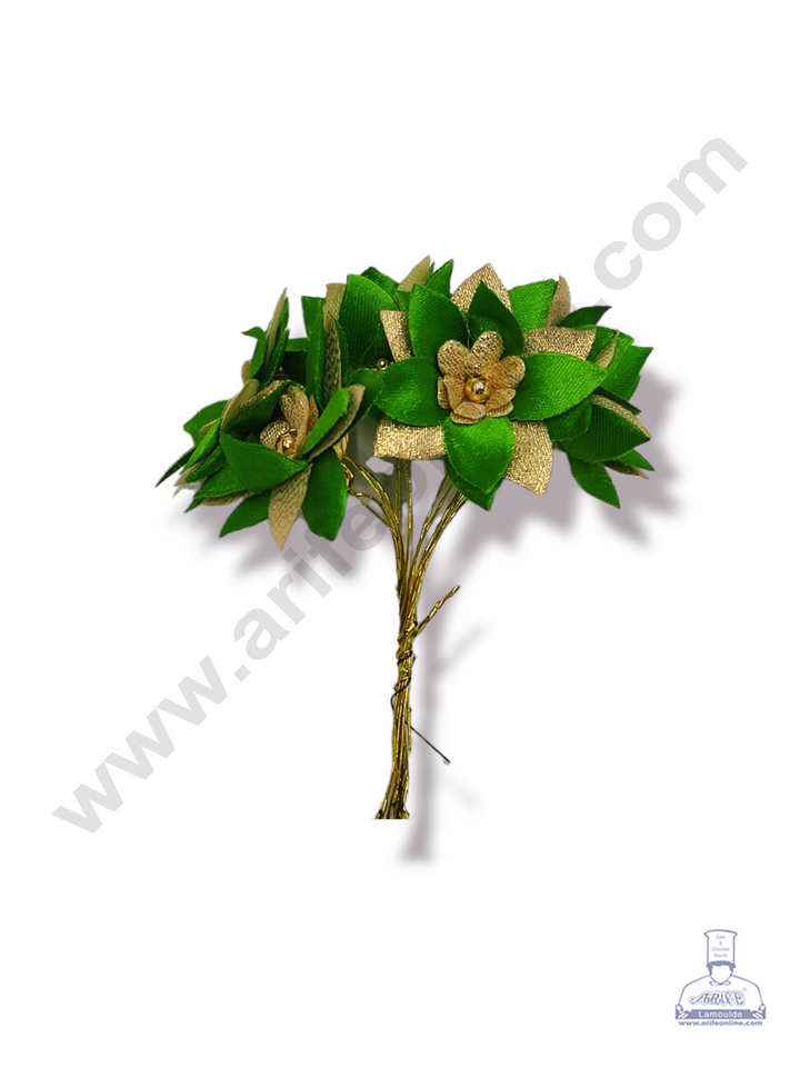 Cake Decor™ Medium Star Flower Artificial Flower For Cake Decoration – Leaf Green & Golden Petal ( 1 Bunch )