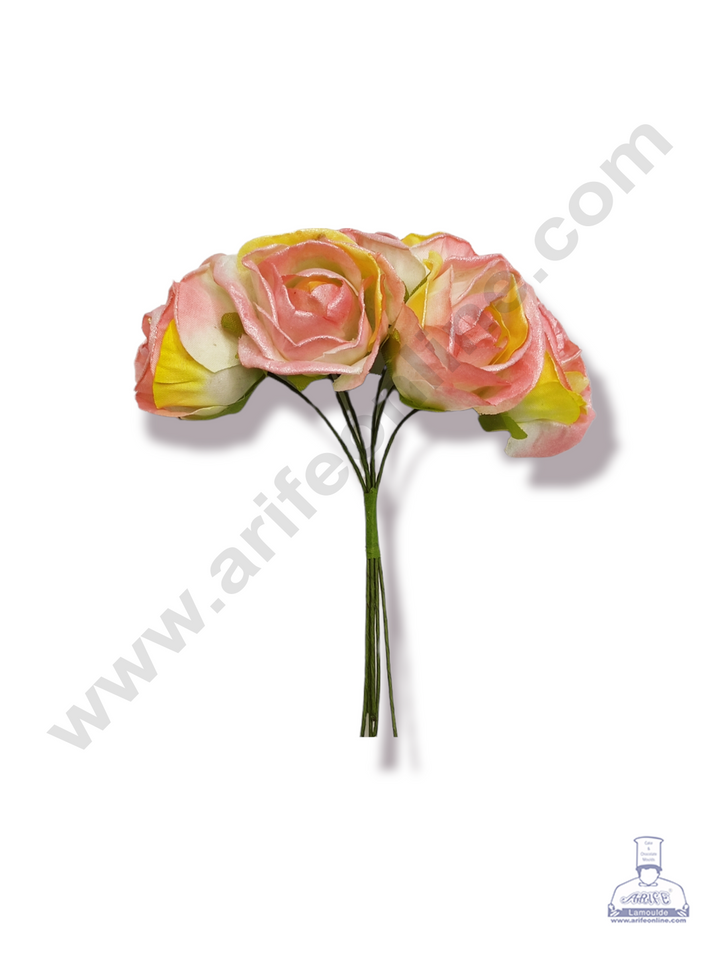 Cake Decor™ Medium Metallic Rose Flower Artificial Flower For Cake Decoration – Light Pink ( 1 Bunch )