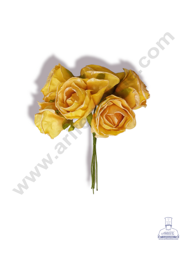 Cake Decor™ Medium Metallic Rose Flower Artificial Flower For Cake Decoration – Yellow ( 1 Bunch )