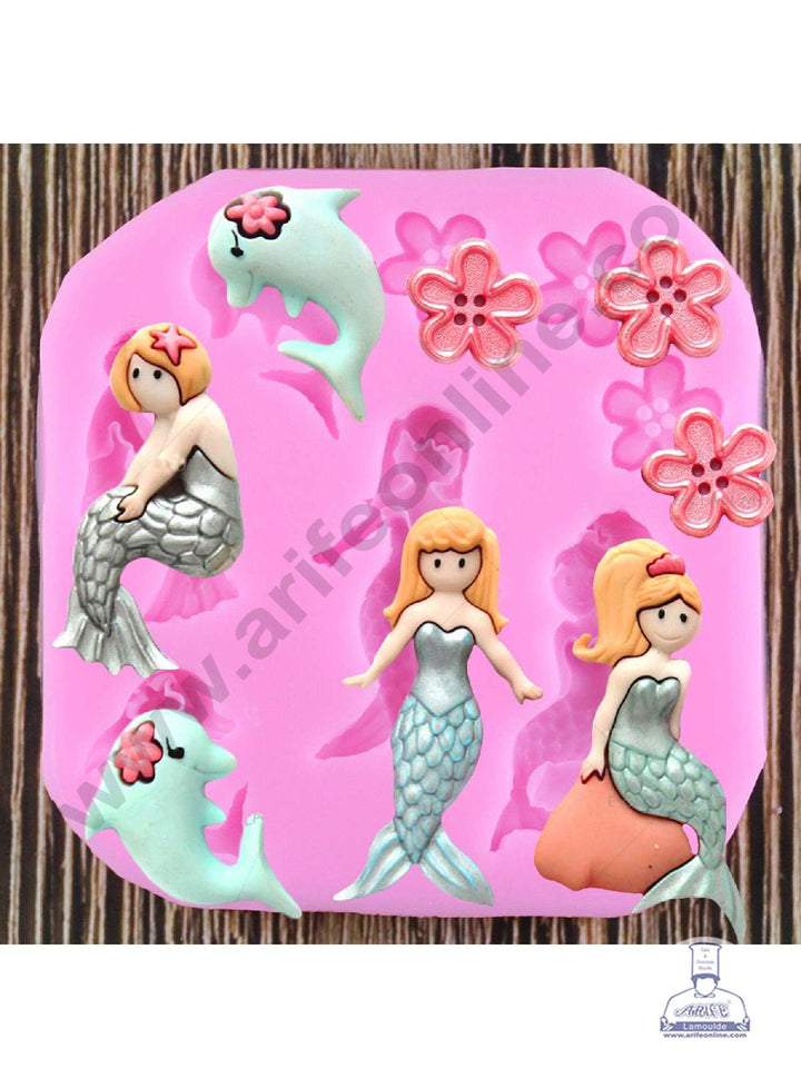 Cake Decor Silicone 8 Cavity Mermaid Tail and Flower Button Shape Pink Fondant Marzipan Mould