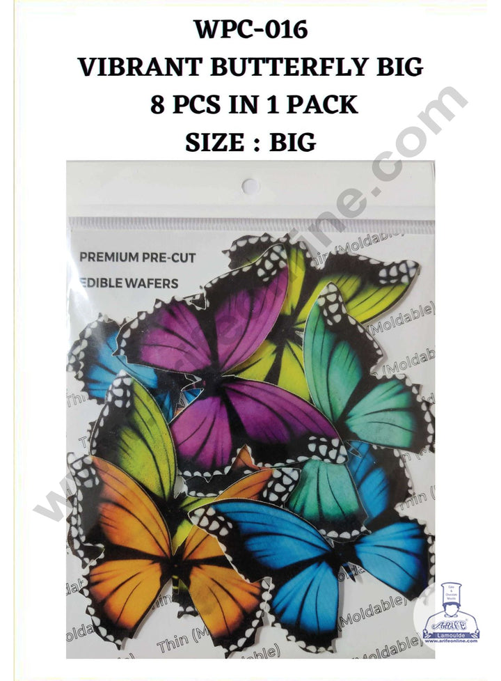 Cake Decor Edible Pre Cut Wafer Paper - Vibrant Butterfly Cake Topper - Big (Set of 8 pcs) WPC-016