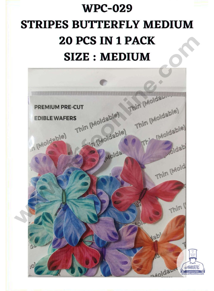 Cake Decor Edible Pre Cut Wafer Paper - Stripes Butterfly Cake Topper - Medium (Set of 20 pcs) WPC-029