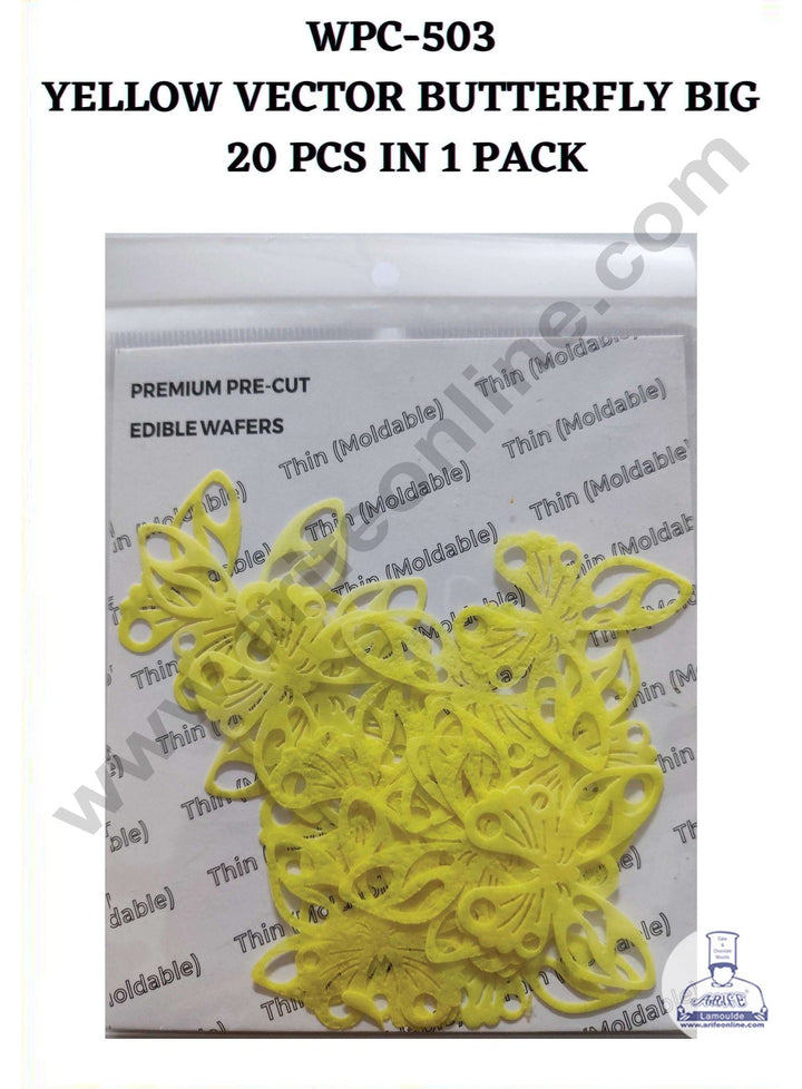 Cake Decor Edible Pre Cut Wafer Paper - Yellow Vector Butterfly Cake Topper - Big (Set of 20 pcs) WPC-503