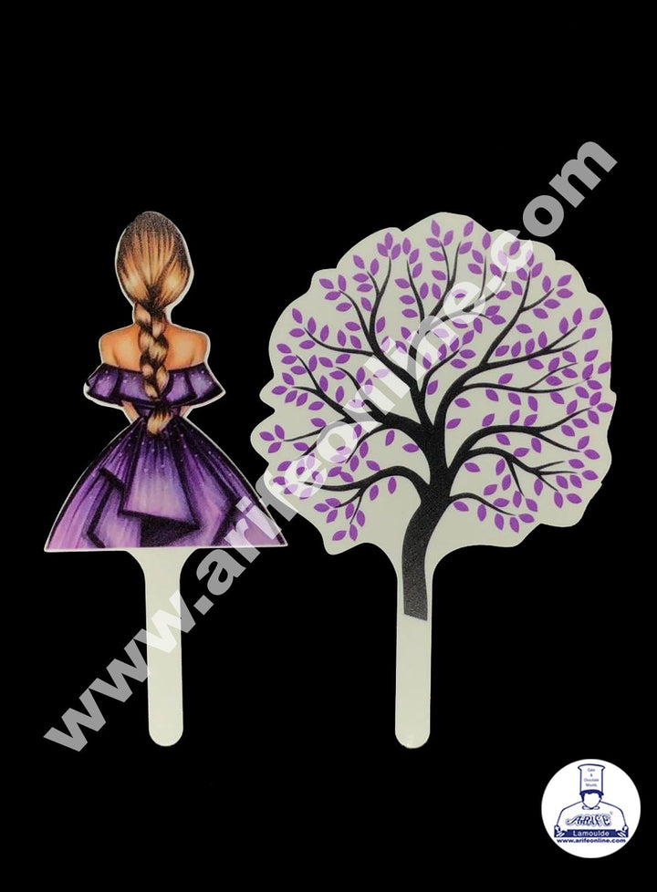 Cake Decor 6 Inches Digital Printed Cake Toppers - Purple Frock Lady With Tree