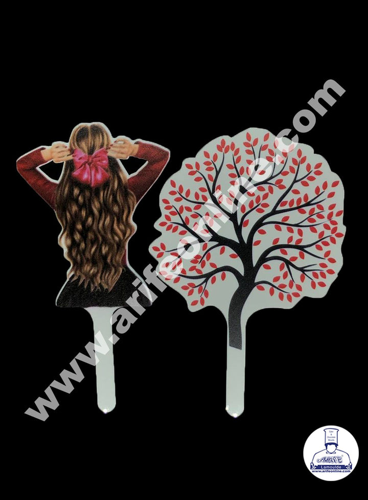 Cake Decor 6 Inches Digital Printed Cake Toppers - Red Lady With Tree