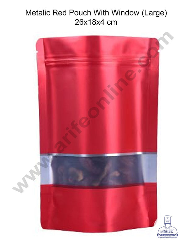 Cake Decor Large Metallic Dark Red Aluminum Foil Zipper With Window Pouch (Pack of 10 Pcs)