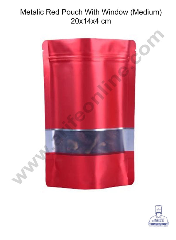 Cake Decor Medium Metallic Dark Red Aluminum Foil Zipper With Window Pouch (Pack of 10 Pcs)