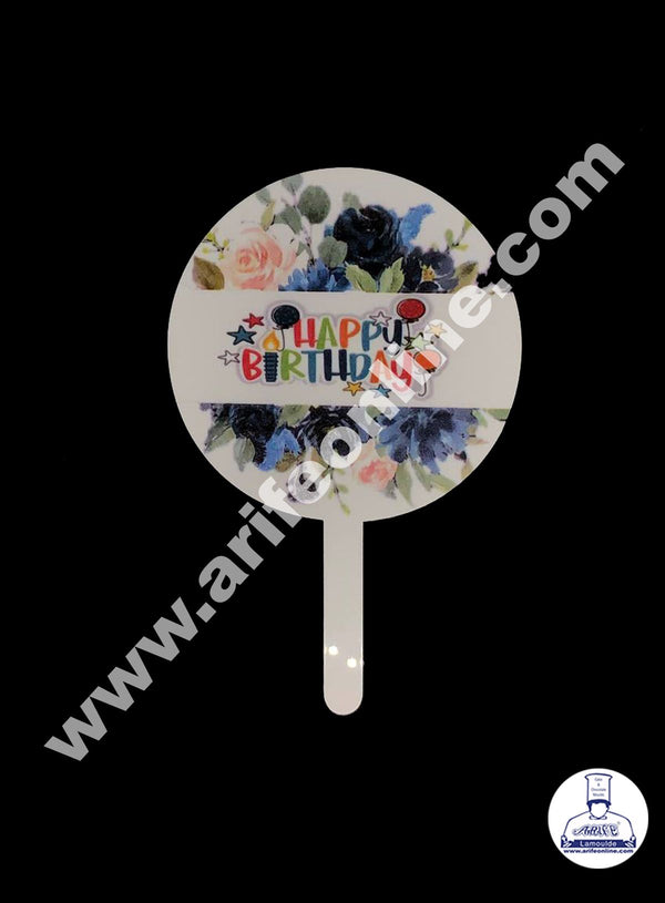 Cake Decor 6 Inches Digital Printed Cake Toppers - Happy Birthday Leaf And Roses