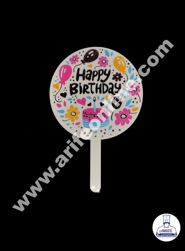 Cake Decor 6 Inches Digital Printed Cake Toppers - Happy Birthday Cake Rose Flower With Balloon