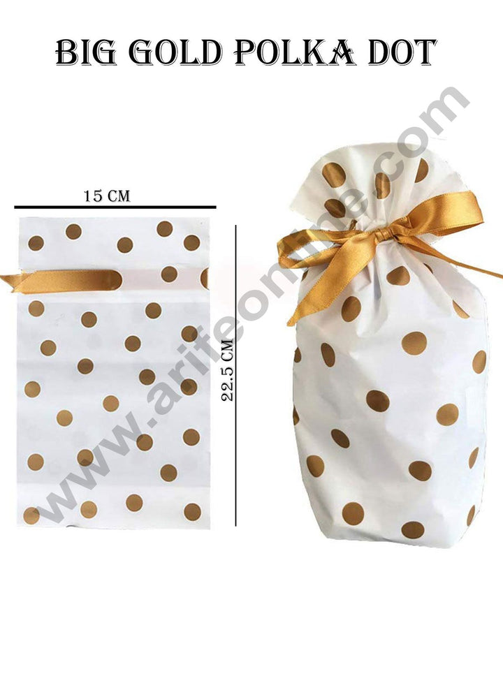 Cake Decor Big Golden Polka Dot Plastic Drawstring Bag Treat With Ribbon Cookie Snack Candy Birthday Party and Gift (Pack of 10)