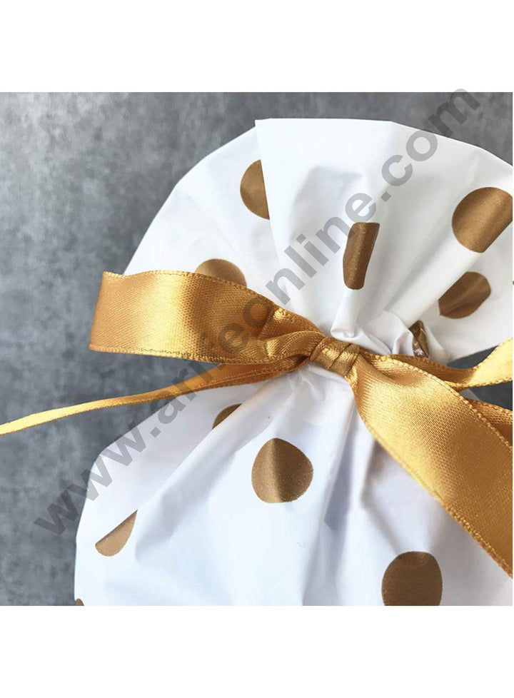 Cake Decor Big Golden Polka Dot Plastic Drawstring Bag Treat With Ribbon Cookie Snack Candy Birthday Party and Gift (Pack of 10)