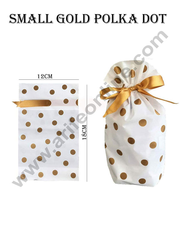 Cake Decor Small Golden Polka Dot Plastic Drawstring Bag Treat With Ribbon Cookie Snack Candy Birthday Party and Gift (Pack of 10)