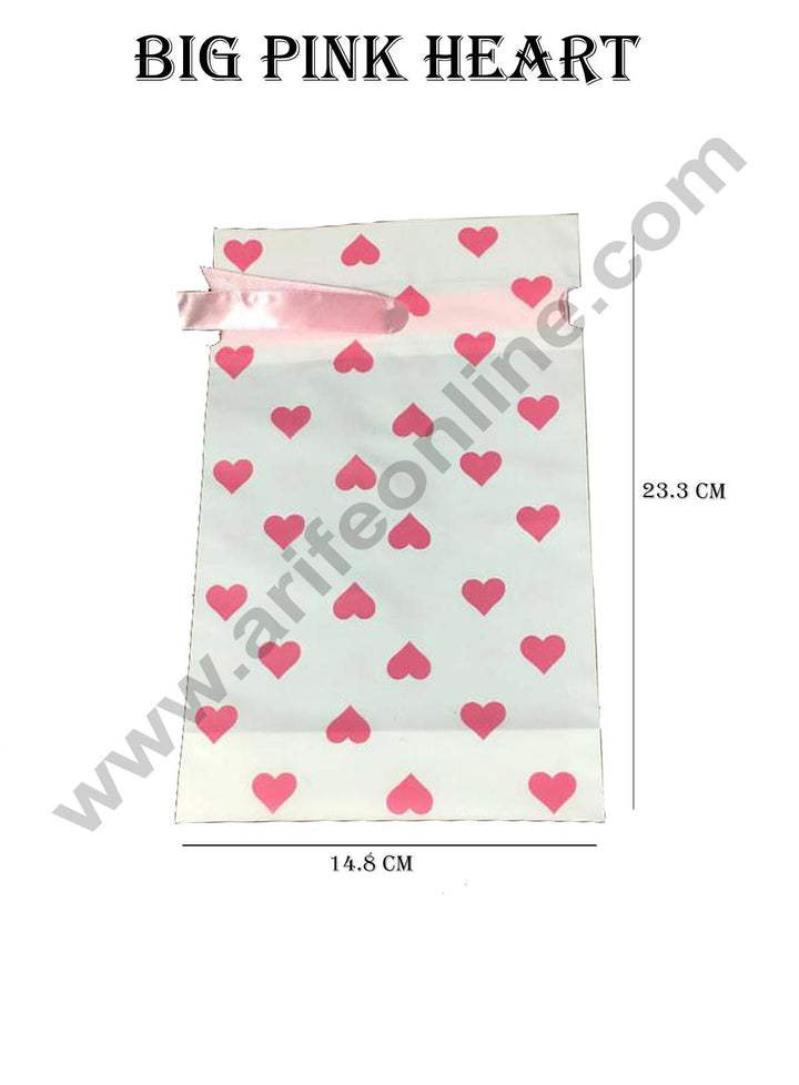 Cake Decor Big Pink Heart Plastic Drawstring Bag Treat With Ribbon Cookie Snack Candy Birthday Party and Gift (Pack of 10)