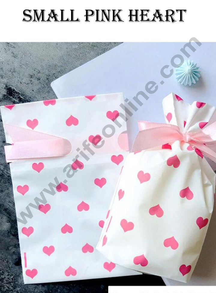 Cake Decor Small Pink Heart Plastic Drawstring Bag Treat With Ribbon Cookie Snack Candy Birthday Party and Gift (Pack of 10)