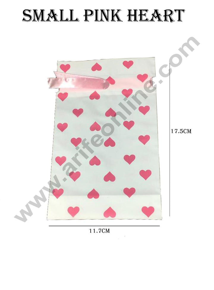 Cake Decor Small Pink Heart Plastic Drawstring Bag Treat With Ribbon Cookie Snack Candy Birthday Party and Gift (Pack of 10)