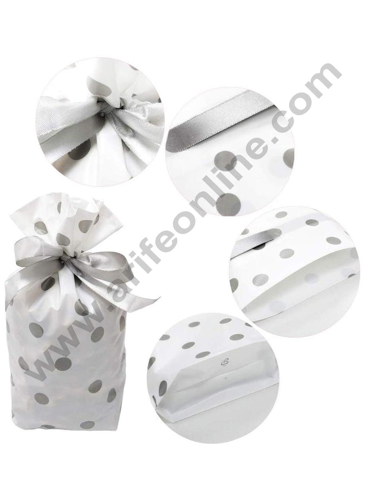 Cake Decor Small Silver Polka Dot Plastic Drawstring Bag Treat With Ribbon Cookie Snack Candy Birthday Party and Gift (Pack of 10)