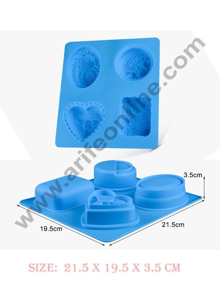 Cake Decor 4 Cavity Heart, Rectangle, Oval, Round with Happy Birthday Silicone Moulds for Soaps and Chocolate Jelly Desserts Mould