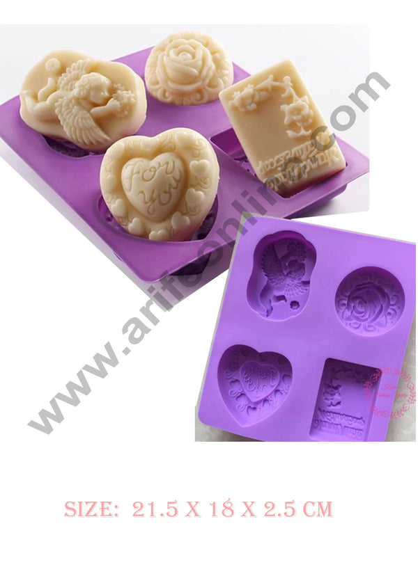 Cake Decor 4 Cavity Round, Rectangle, Angel Oval,Heart with For You Silicone Moulds for Soaps and Chocolate Jelly Desserts Mould