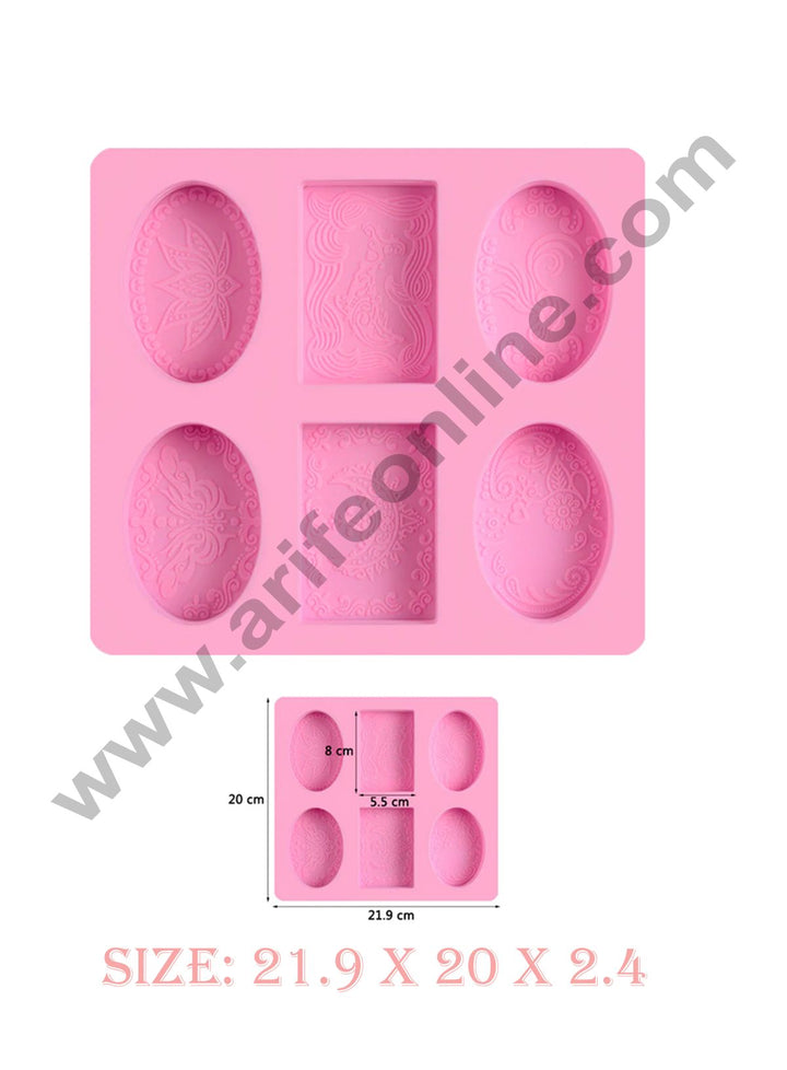 Cake Decor 6 Cavity 2 Rectangle And 4 Oval With Design Silicone Moulds for Soaps and Chocolate Jelly Desserts Mould