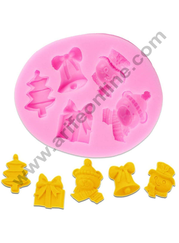 Cake Decor Silicon 5 Cavity Christmas Tree Bell Gift  Snowman And Teddy Bear Silicone Fondant Mould Marzipan Mould