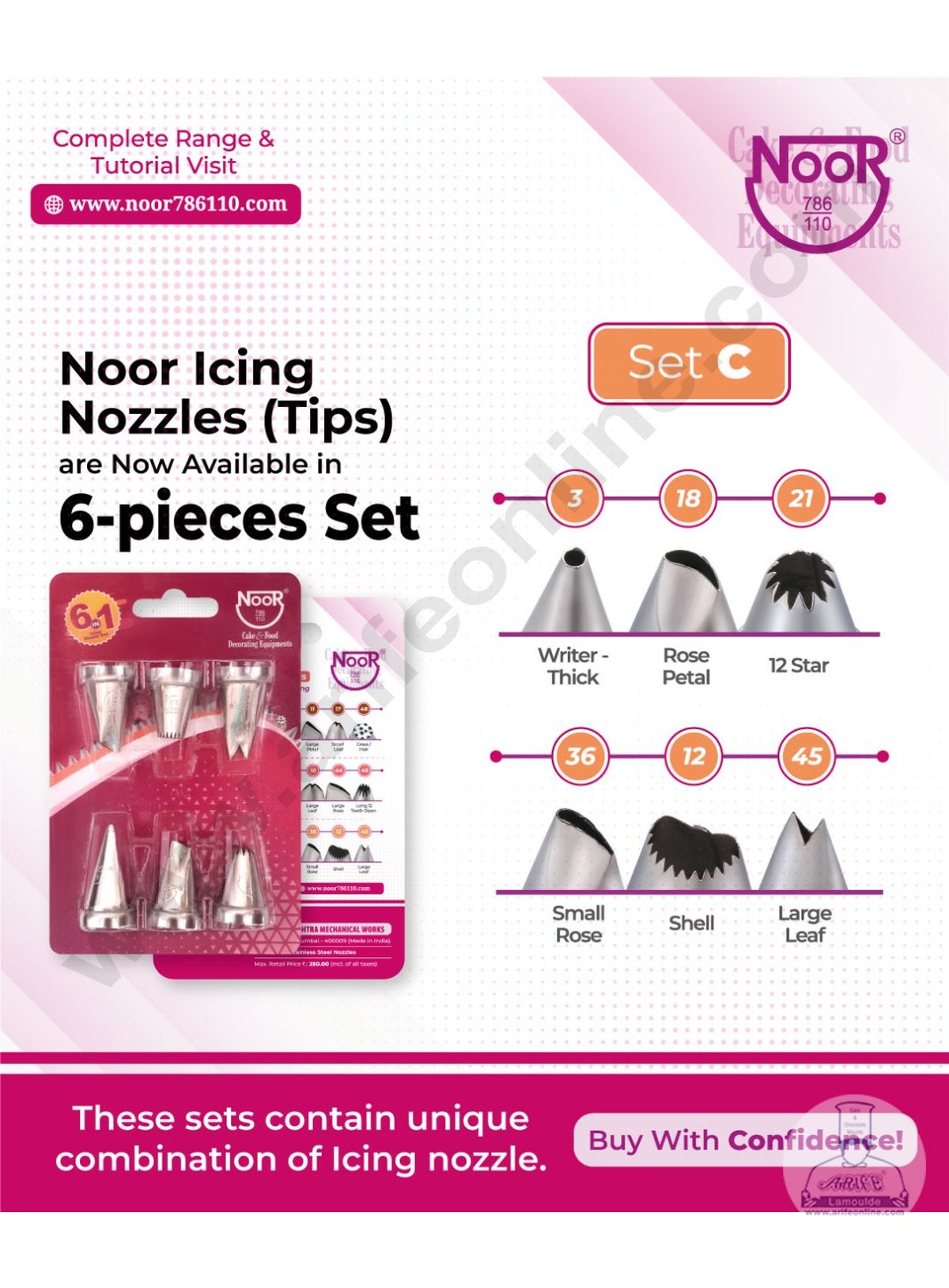 Noor 6 Pieces Noor Icing Nozzles Set Pastry Tips Cupcake Cake