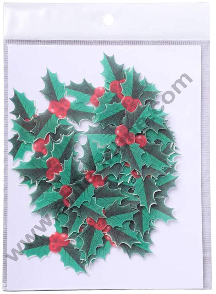 Tastycrafts Pre-Cut Wafer Paper Edible Christmas Special Stick-on Cake Décor Cupcake and Cake Toppers Decoration Holly Leaf - 35 Pcs