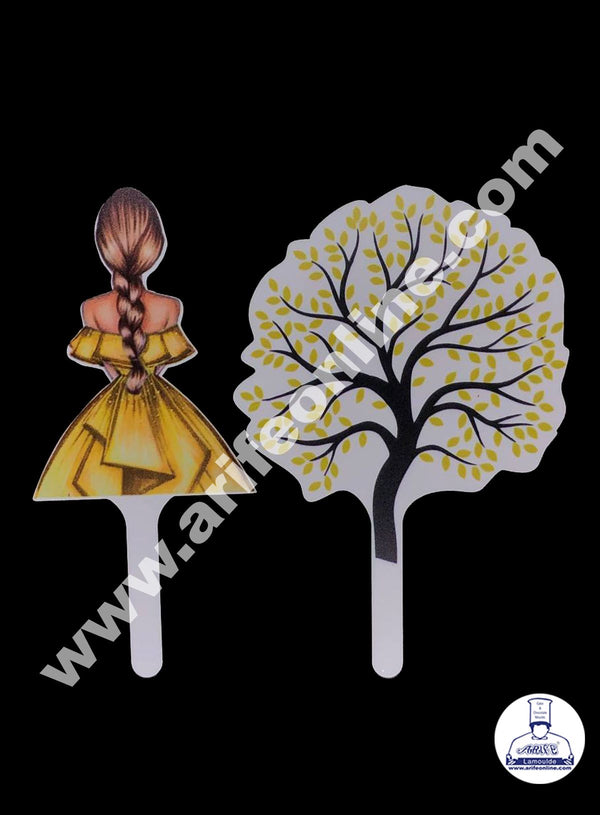 Cake Decor 6 Inches Digital Printed Cake Toppers - Yellow Frock Lady With Tree